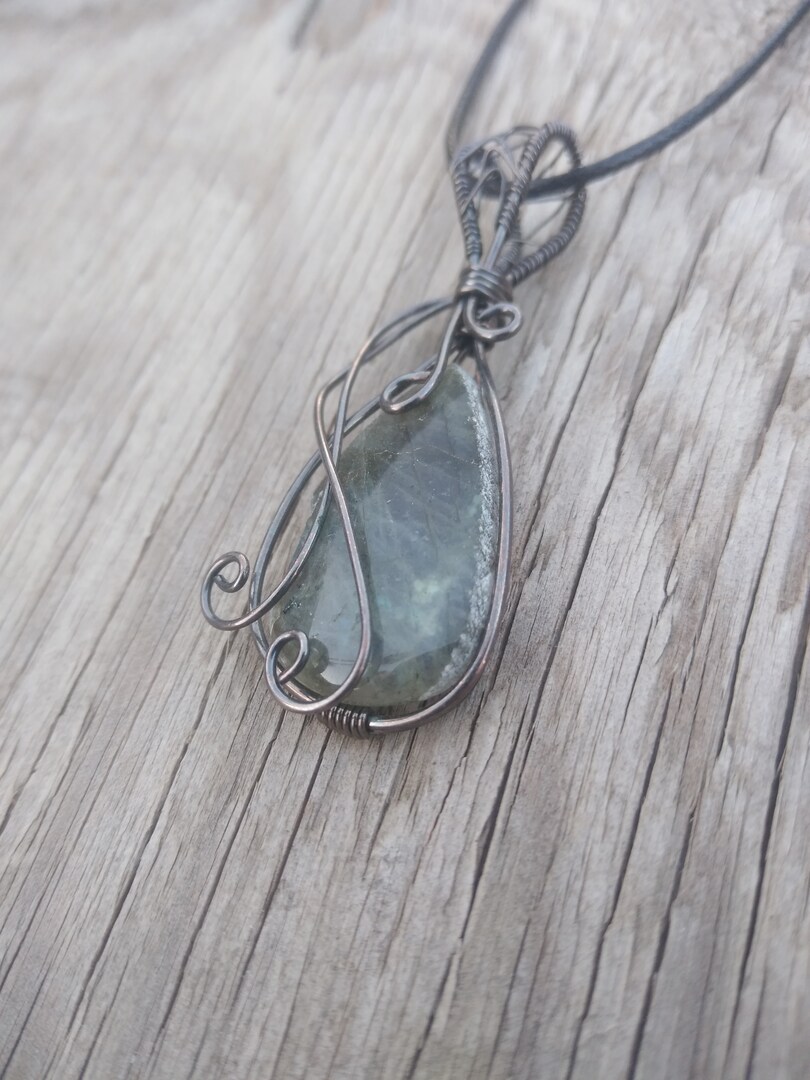 WIRE WRAPPED LABRADORITE TEAR DROP PENDANT ON A BLACK CORD WITH CLASP MakerPlace by Michaels
